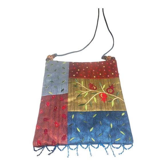 Yair Emanuel Jerusalem Embroidered Crossbody  Pomegranates Glass & Wood Beads - Picture 1 of 9